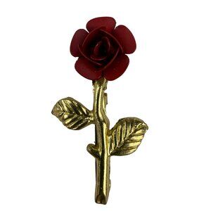 Womens Gold Tone & Red Metal Rose Brooch Floral Pin Vintage Design